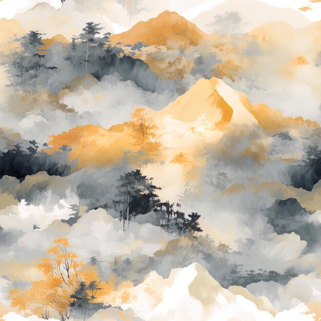 una pintura de una montaña con árboles y montañas en el fondo