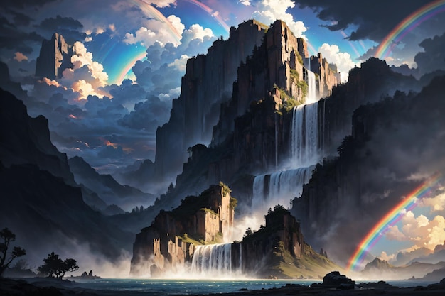 Una pintura de una montaña con un arco iris en ella