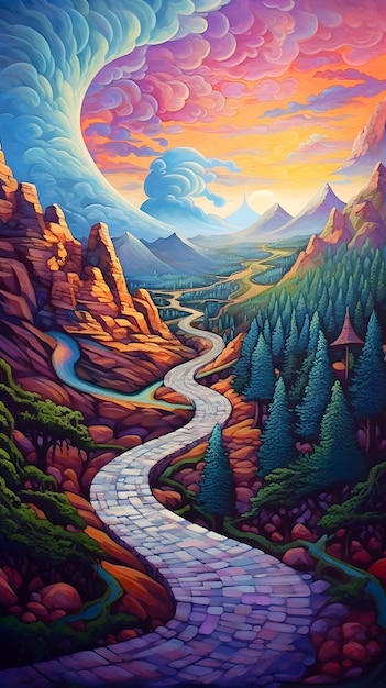 Una pintura de una montaña con un camino que conduce a la distancia.