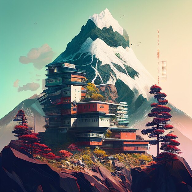 Foto una pintura de una montaña con una casa en ella