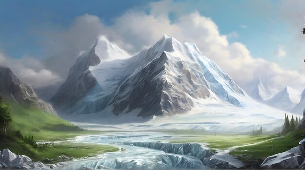Foto una pintura de una montaña con una cascada en el fondo