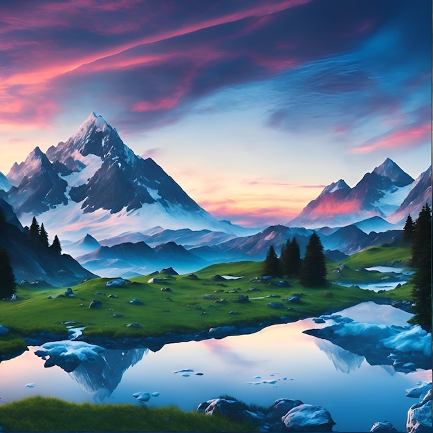 Una pintura de una montaña con un cielo azul y una montaña al fondo.