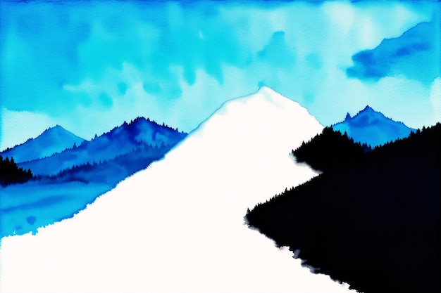 Una pintura de una montaña con un cielo azul y las palabras "nieve" en la parte superior.