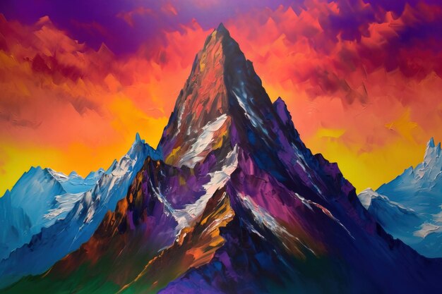 Una pintura de una montaña con los colores del cielo y las palabras