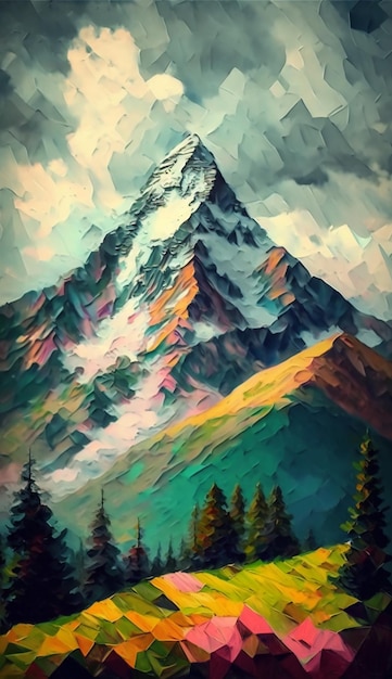 Pintura de una montaña en un día nublado ai generativo