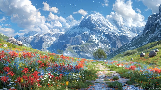 una pintura de una montaña con flores y nieve en ella