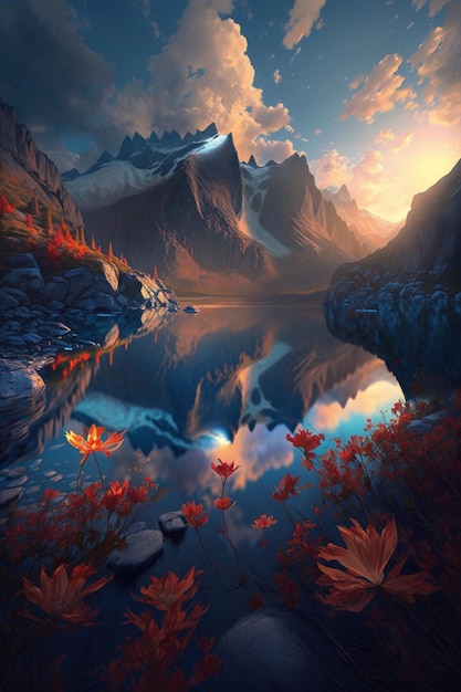 Una pintura de una montaña y un lago con un cielo nublado
