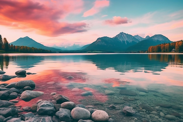 Foto una pintura de una montaña con un lago y montañas en el fondo