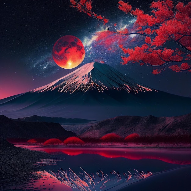 Una pintura de una montaña con una luna roja al fondo.