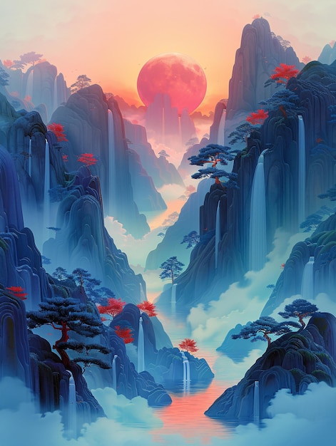 una pintura de una montaña con una luna roja en el cielo estilo chino paisaje azul ilustración tinta l