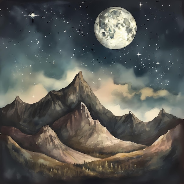 Pintura de una montaña con media luna y estrellas