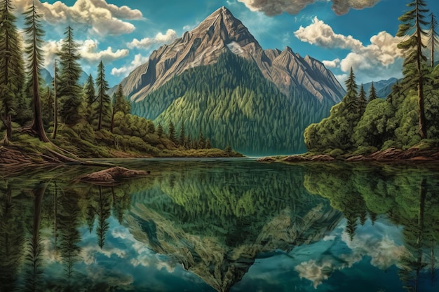 Una pintura de una montaña con una montaña al fondo.