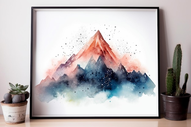 Una pintura de una montaña con una montaña azul en la cima.