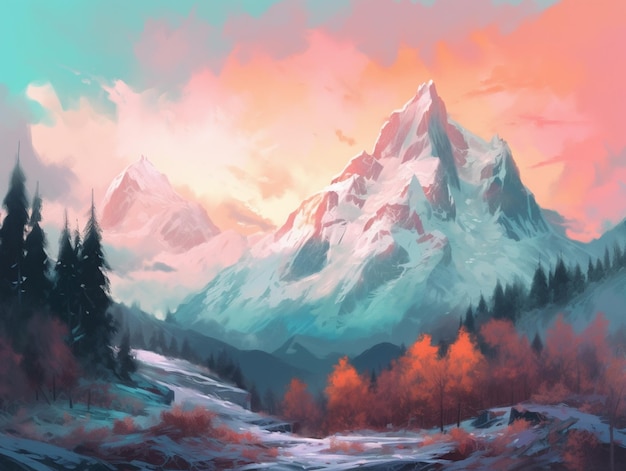 Una pintura de una montaña nevada con un camino nevado y una montaña nevada al fondo.