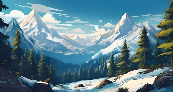 una pintura de una montaña con nieve y árboles en el fondo