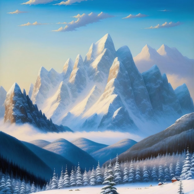 Una pintura de una montaña con nieve y un esquiador en el fondo.