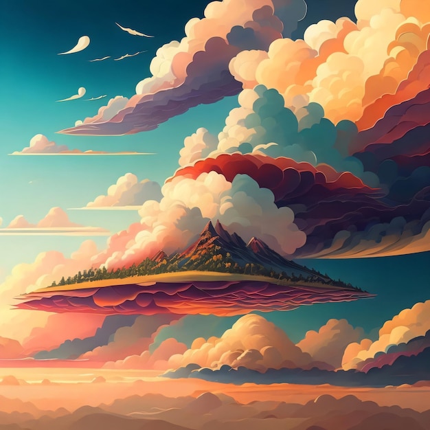 Una pintura de una montaña en las nubes