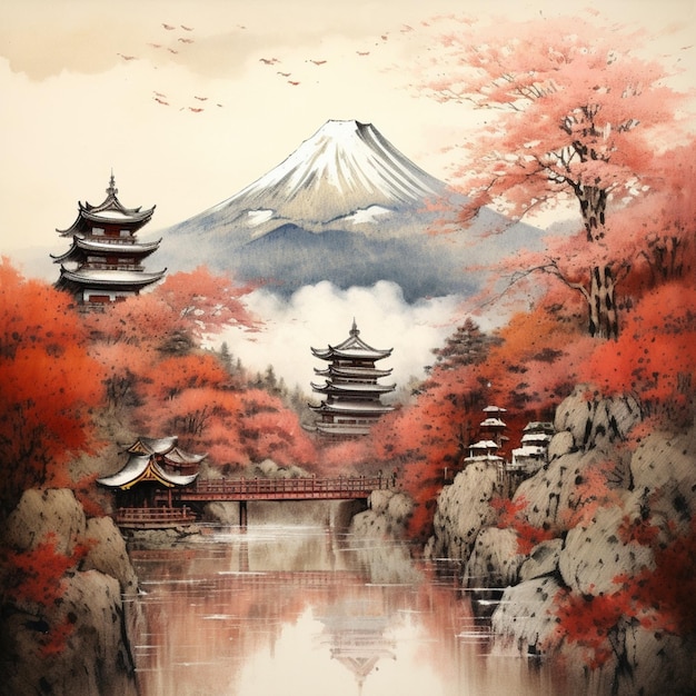Pintura de una montaña con una pagoda y un puente en primer plano