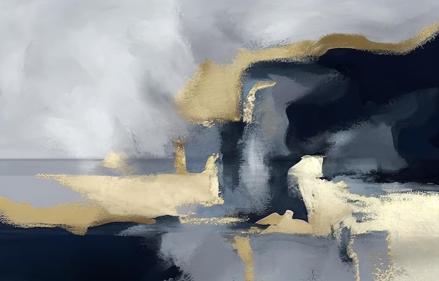 Una pintura de una montaña con pintura dorada y negra.