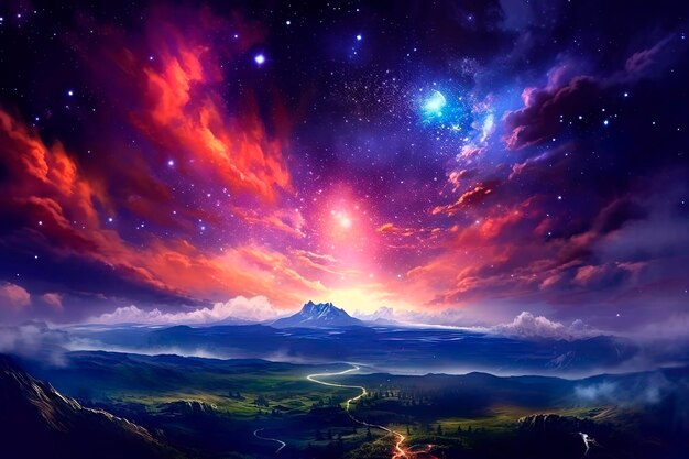 Una pintura de una montaña con una puesta de sol y las estrellas en el cielo