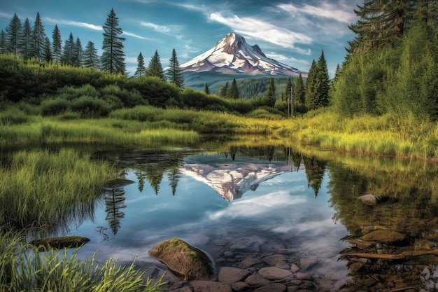 Una pintura de una montaña reflejada en un estanque.