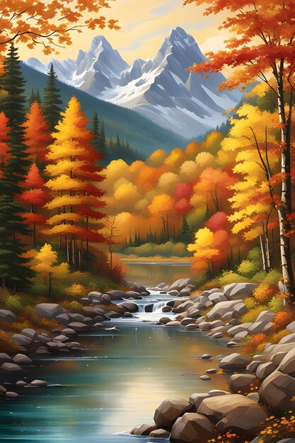 una pintura de una montaña con un río y árboles en el fondo