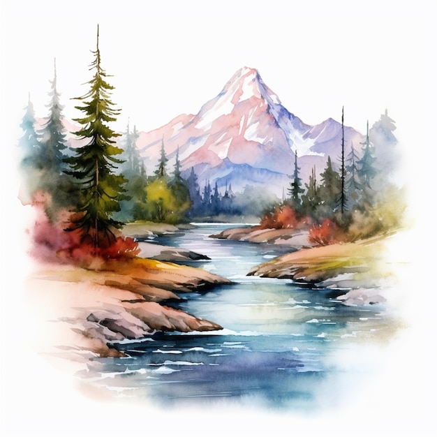 Pintura de una montaña con un río y árboles en primer plano