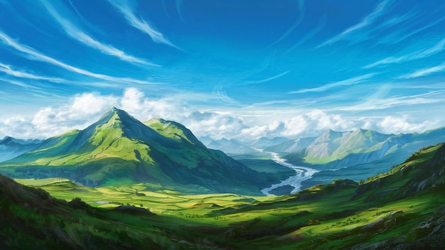 una pintura de una montaña con un río corriendo a través de ella