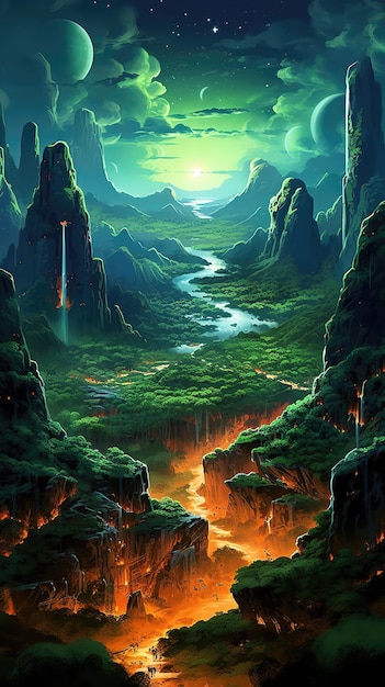 Una pintura de una montaña con un río en el medio.