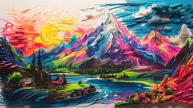 una pintura de una montaña con un río y montañas en el fondo