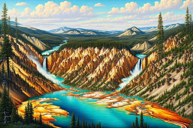 pintura de una montaña y un río