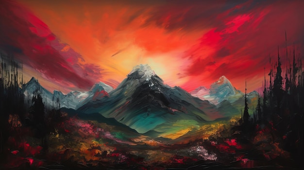Una pintura de una montaña con el sol brillando sobre ella.