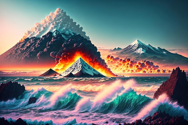 Una pintura de una montaña y un volcán.