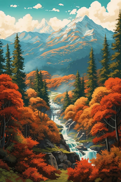 Una pintura de montañas y árboles en otoño.