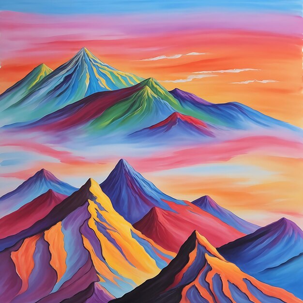 Pintura de montañas con un cielo colorido y las palabras montaña en la parte superior generada por la IA