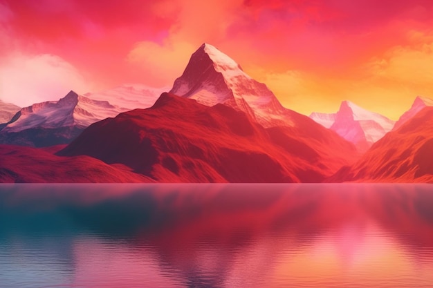 Una pintura de montañas con un cielo rojo y el sol reflejado en el agua.