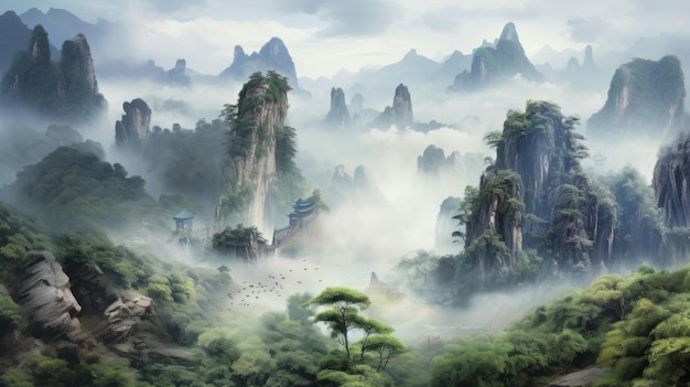 Una pintura de montañas y nubes con un templo chino en primer plano.