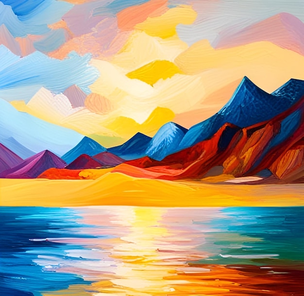 Una pintura de montañas y el océano con una puesta de sol de fondo.