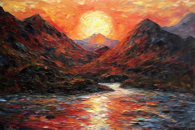 Una pintura de montañas con la puesta de sol sobre las montañas.