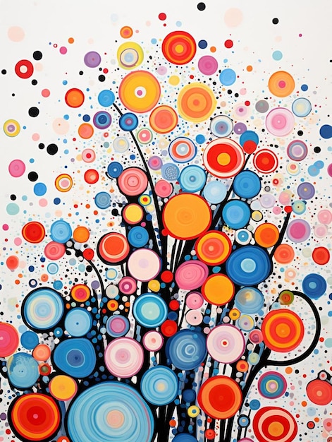 una pintura de un montón de círculos coloridos y la palabra "no" en él.