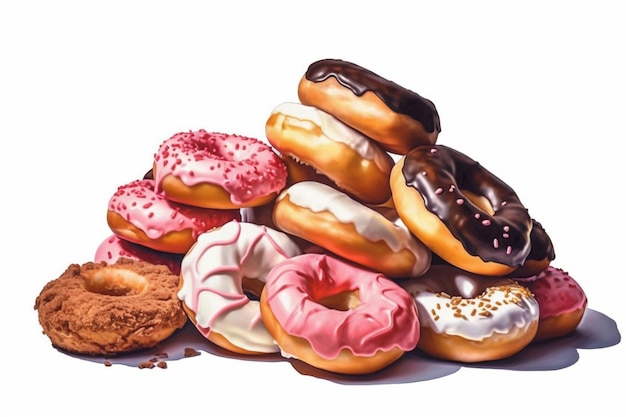 Una pintura de un montón de donas con diferentes sabores.