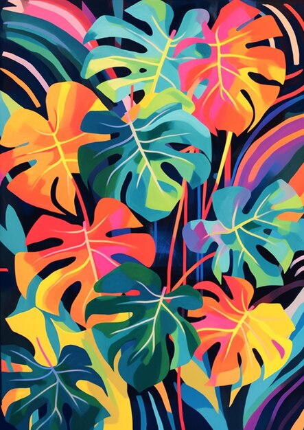 una pintura de un montón de plantas tropicales con colores brillantes generativos ai