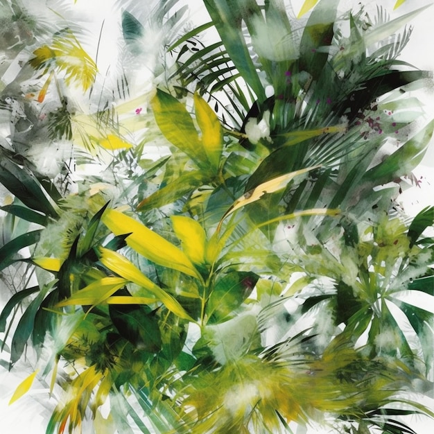 una pintura de un montón de plantas verdes y amarillas sobre una superficie blanca ai generativo
