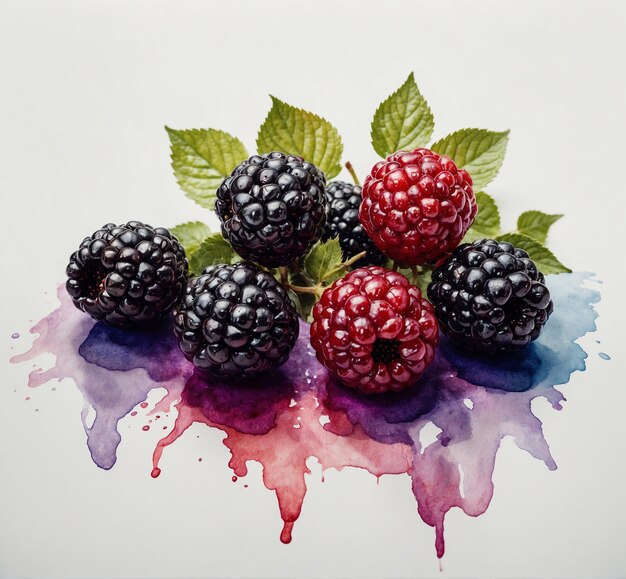 una pintura de moras y frambuesas con hojas verdes