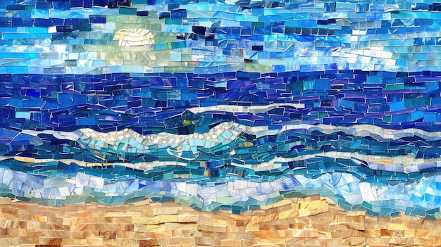 Una pintura en mosaico de una playa con conchas marinas y estrellas de mar