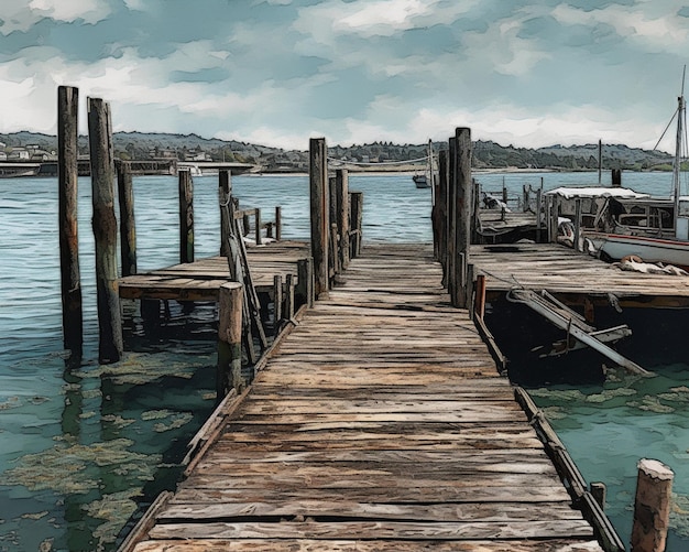 Una pintura de un muelle con un cielo nublado al fondo.