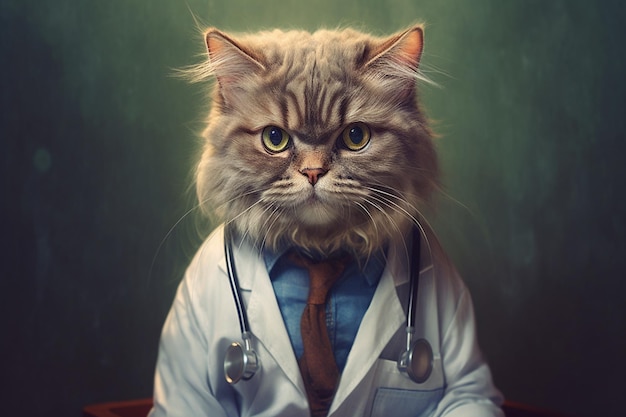 En esta pintura se muestra un gato con bata de médico.