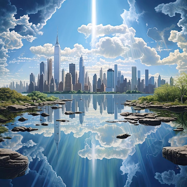 una pintura muestra la isla de Manhattan en el fondo en el estilo del fotosurrealismo