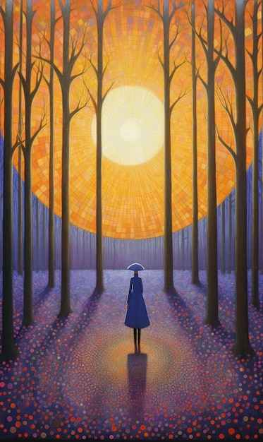 Una pintura de una mujer con un abrigo azul de pie en un bosque con el sol brillando a través de los árboles.