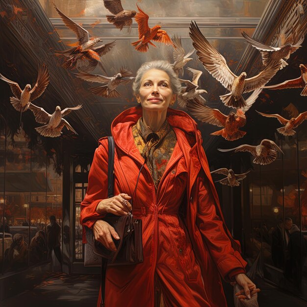 una pintura de una mujer en un abrigo rojo con pájaros volando a su alrededor